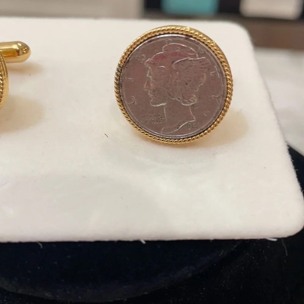 Gorgeous Silver Dime Cuff Links Gold Tone EUC!!